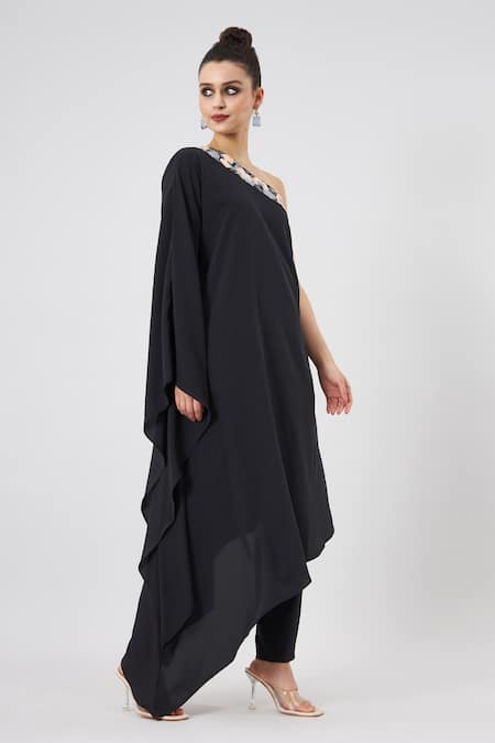 Aakaar Black Modal Embroidery Shawl Neck One Shoulder Asymmetrical Kaftan Pant Set at Aza Fashions Aakaar_Black Modal Embroidery Shawl Neck One Shoulder Asymmetrical Kaftan Pant Set _at_Aza_Fashions