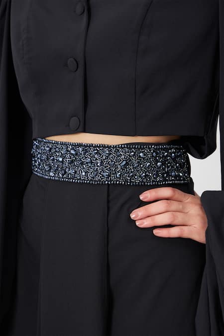 Aakaar_Black Modal Crystals Plain Draped Skirt Set With Belt For Kids_Online_at_Aza_Fashions