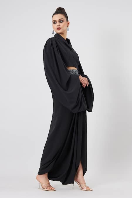 Shop_Aakaar_Black Modal Crystals Plain Draped Skirt Set With Belt For Kids_Online_at_Aza_Fashions