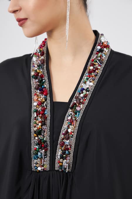 Aakaar_Black Silk, Crepe Crystals V-neck Neckline Embellished Kaftan And Pant Set _Online_at_Aza_Fashions
