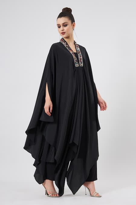 Buy_Aakaar_Black Silk, Crepe Crystals V-neck Neckline Embellished Kaftan And Pant Set _Online_at_Aza_Fashions