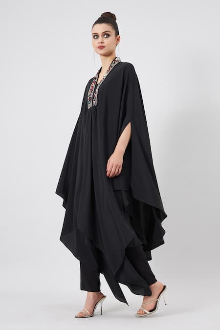 Shop_Aakaar_Black Silk, Crepe Crystals V-neck Neckline Embellished Kaftan And Pant Set _Online_at_Aza_Fashions