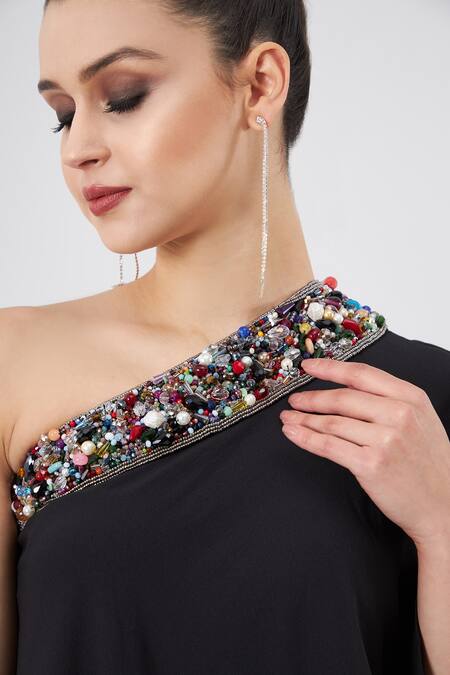 Aakaar_Black Modal Embroidery Asymmetric One Shoulder Kaftan And Pant Set _Online_at_Aza_Fashions