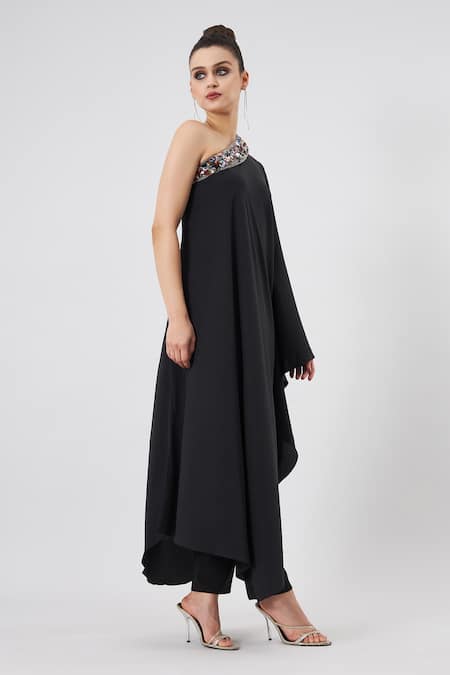 Shop_Aakaar_Black Modal Embroidery Asymmetric One Shoulder Kaftan And Pant Set _Online_at_Aza_Fashions