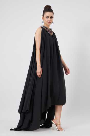 Buy Aakaar Black Modal, Crepe Crystals Round Neck, Crew Handkerchief Hemline Lounge Dress Online at Aza Fashions Buy_Aakaar_Black Modal, Crepe Crystals Round Neck, Crew Handkerchief Hemline Lounge Dress _Online_at_Aza_Fashions