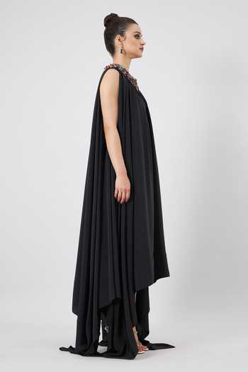 Shop Aakaar Black Modal, Crepe Crystals Round Neck, Crew Handkerchief Hemline Lounge Dress Online at Aza Fashions Shop_Aakaar_Black Modal, Crepe Crystals Round Neck, Crew Handkerchief Hemline Lounge Dress _Online_at_Aza_Fashions