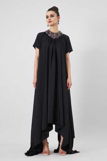 Buy Aakaar Black Modal Crystals Round Neck Embellished Lounge Dress Online at Aza Fashions Buy_Aakaar_Black Modal Crystals Round Neck Embellished Lounge Dress _Online_at_Aza_Fashions