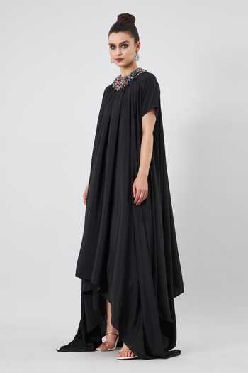 Shop Aakaar Black Modal Crystals Round Neck Embellished Lounge Dress Online at Aza Fashions Shop_Aakaar_Black Modal Crystals Round Neck Embellished Lounge Dress _Online_at_Aza_Fashions