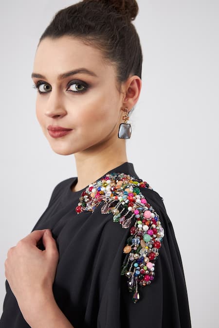 Aakaar_Black Modal Beads Collared Embroidered Asymmetrical Maxi Gown _Online_at_Aza_Fashions