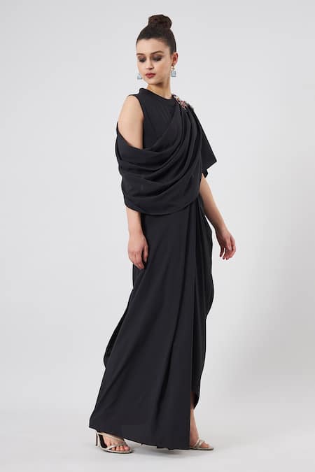 Buy_Aakaar_Black Modal Beads Collared Embroidered Asymmetrical Maxi Gown _Online_at_Aza_Fashions