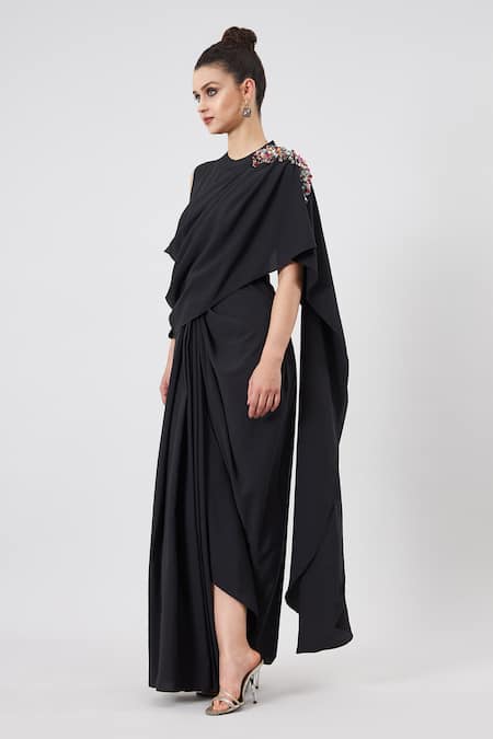Shop_Aakaar_Black Modal Beads Collared Embroidered Asymmetrical Maxi Gown _Online_at_Aza_Fashions