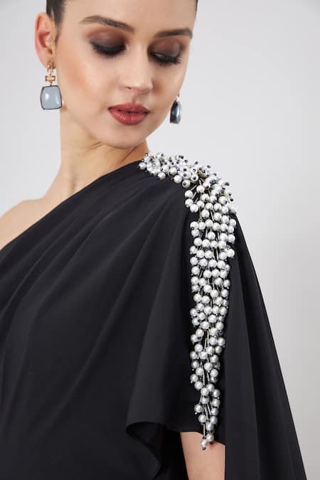 Aakaar_Black Moss Crepe Plain Crystal One Shoulder Draped Gown _Online_at_Aza_Fashions