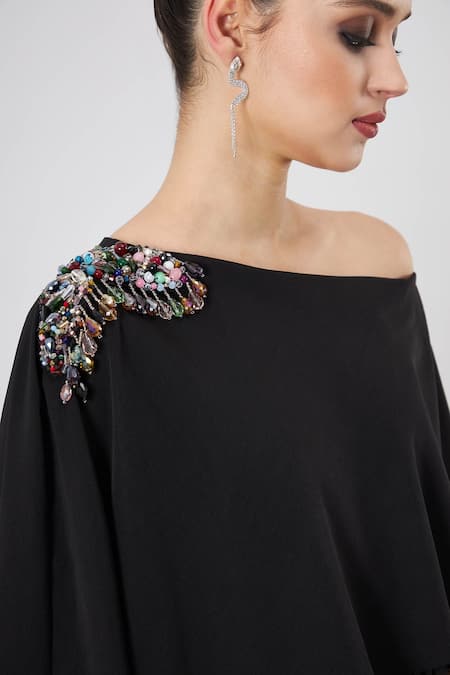 Aakaar_Black Modal Embroidery One Shoulder Noir Cape Gown _Online_at_Aza_Fashions