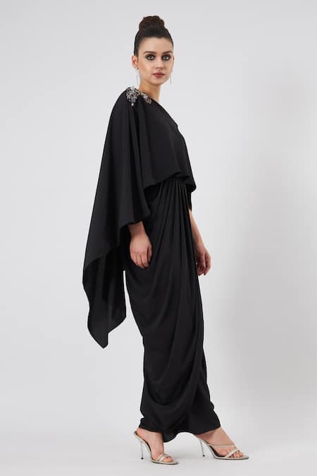 Black Cape-Detail Evening Dress – Glamgoldlabel