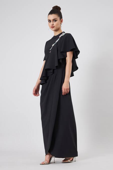 Buy Aakaar Black Modal Sequins Collared Noir Cascade Drape Gown Online at Aza Fashions Buy_Aakaar_Black Modal Sequins Collared Noir Cascade Drape Gown _Online_at_Aza_Fashions