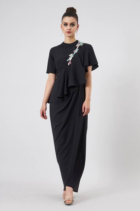 Shop Aakaar Black Modal Sequins Collared Noir Cascade Drape Gown Online at Aza Fashions Shop_Aakaar_Black Modal Sequins Collared Noir Cascade Drape Gown _Online_at_Aza_Fashions