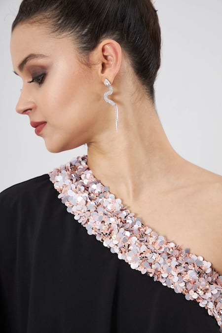 Aakaar Black Modal Sequins Embellished One Shoulder Gown For Kids Online at Aza Fashions Aakaar_Black Modal Sequins Embellished One Shoulder Gown For Kids_Online_at_Aza_Fashions