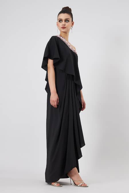 Buy Aakaar Black Modal Sequins Embellished One Shoulder Gown For Kids Online at Aza Fashions Buy_Aakaar_Black Modal Sequins Embellished One Shoulder Gown For Kids_Online_at_Aza_Fashions