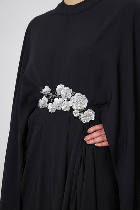 Aakaar_Black Modal Sequins Collared Noir Floral Embellished Gown _Online_at_Aza_Fashions
