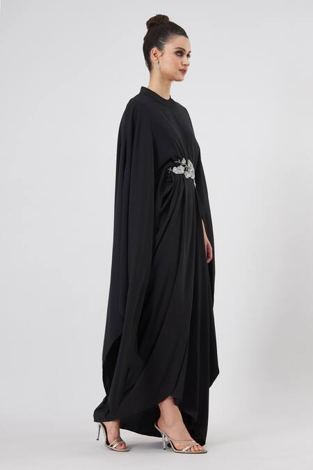 Buy_Aakaar_Black Modal Sequins Collared Noir Floral Embellished Gown _Online_at_Aza_Fashions