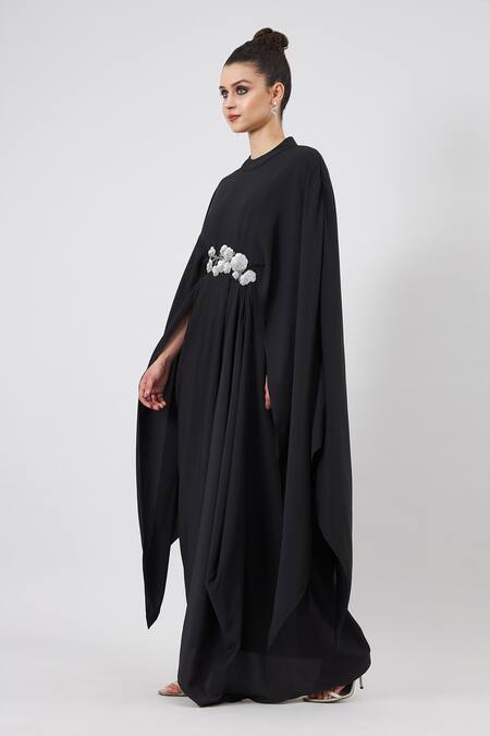 Shop_Aakaar_Black Modal Sequins Collared Noir Floral Embellished Gown _Online_at_Aza_Fashions