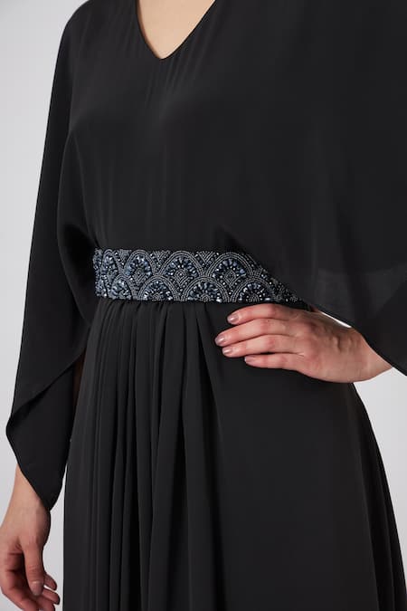 Aakaar Black Silk Crystals V-neck Pleated Gown With Embellished Belt Set Online at Aza Fashions Aakaar_Black Silk Crystals V-neck Pleated Gown With Embellished Belt Set _Online_at_Aza_Fashions