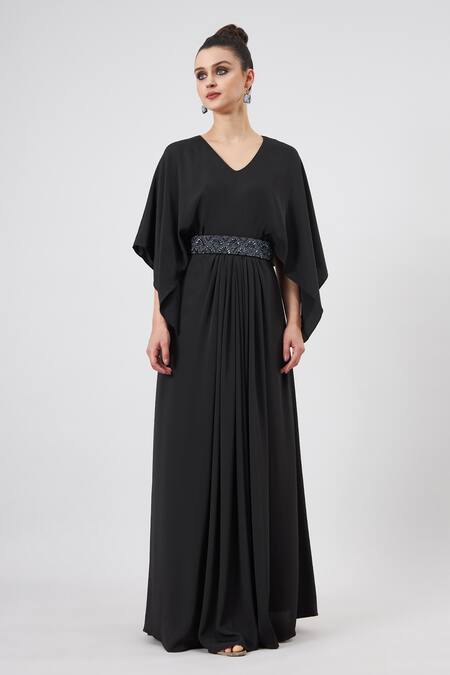 Buy Aakaar Black Silk Crystals V-neck Pleated Gown With Embellished Belt Set Online at Aza Fashions Buy_Aakaar_Black Silk Crystals V-neck Pleated Gown With Embellished Belt Set _Online_at_Aza_Fashions