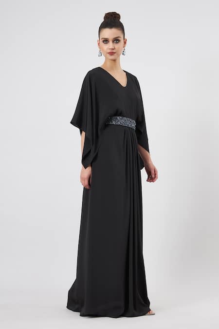 Shop Aakaar Black Silk Crystals V-neck Pleated Gown With Embellished Belt Set Online at Aza Fashions Shop_Aakaar_Black Silk Crystals V-neck Pleated Gown With Embellished Belt Set _Online_at_Aza_Fashions