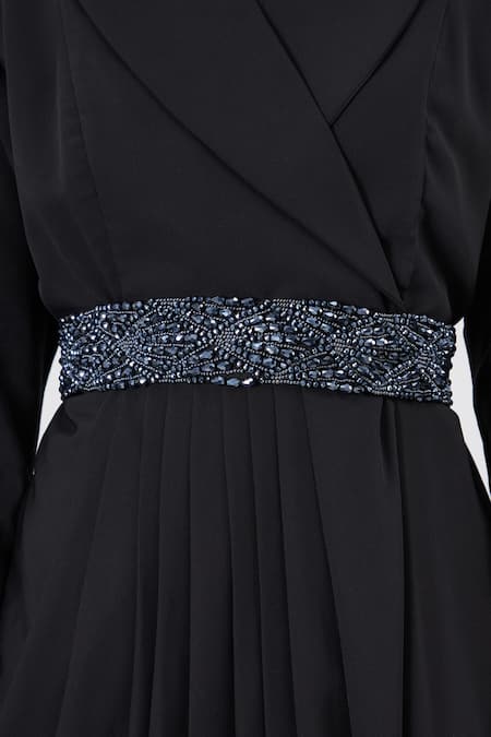 Aakaar_Black Modal Crystals Collared Notched Draped Gown With Belt Set _Online_at_Aza_Fashions