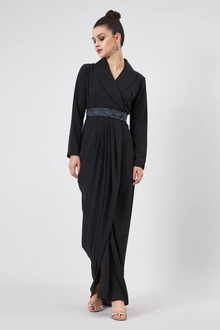 Buy_Aakaar_Black Modal Crystals Collared Notched Draped Gown With Belt Set _Online_at_Aza_Fashions