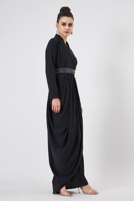 Shop_Aakaar_Black Modal Crystals Collared Notched Draped Gown With Belt Set _Online_at_Aza_Fashions