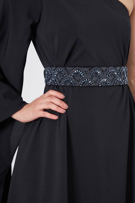 Aakaar Black Modal Embroidery, Crystals One Shoulder Gown And Belt Set Online at Aza Fashions Aakaar_Black Modal Embroidery, Crystals One Shoulder Gown And Belt Set _Online_at_Aza_Fashions