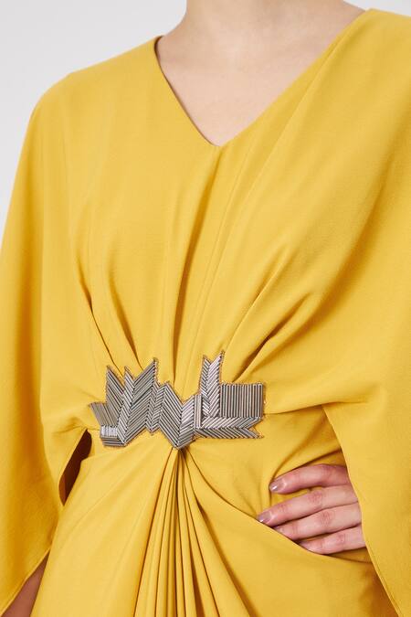 Aakaar_Yellow Metallic Thread V-neck Draped Embellished Gown _Online_at_Aza_Fashions