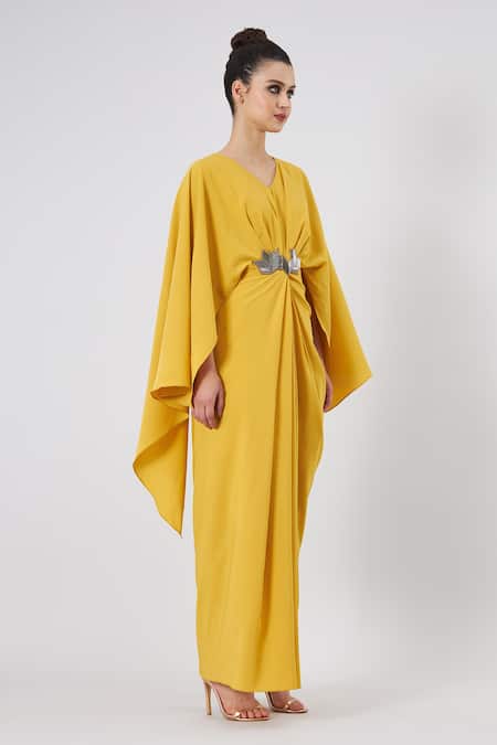Buy_Aakaar_Yellow Metallic Thread V-neck Draped Embellished Gown _Online_at_Aza_Fashions