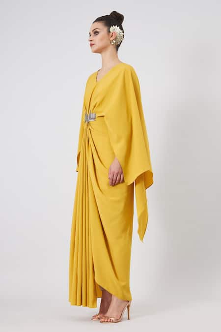 Shop_Aakaar_Yellow Metallic Thread V-neck Draped Embellished Gown _Online_at_Aza_Fashions