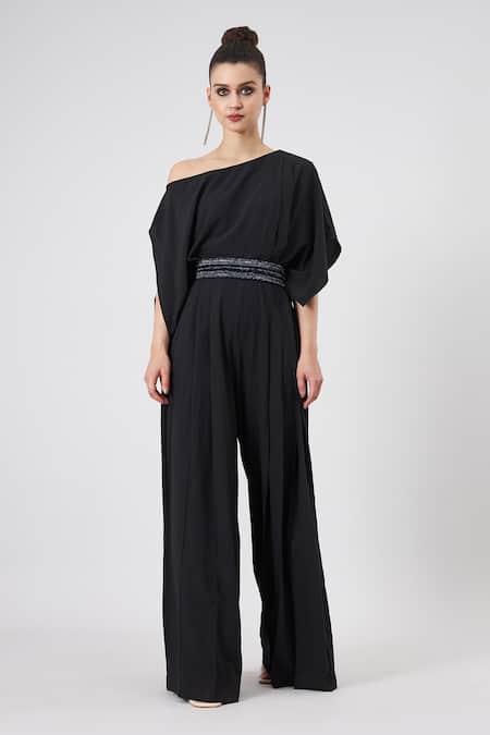 Buy_Aakaar_Black Muslin Beads, Crystals, Sequins Boat Draped Jumpsuit With Embellished Belt _Online_at_Aza_Fashions