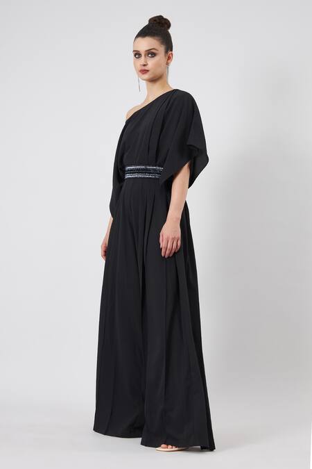 Shop_Aakaar_Black Muslin Beads, Crystals, Sequins Boat Draped Jumpsuit With Embellished Belt _Online_at_Aza_Fashions