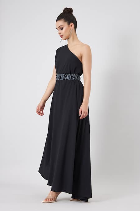 Buy_Aakaar_Black Muslin Beads, Crystals, Sequins One Shoulder Gown With Embellished Belt _Online_at_Aza_Fashions