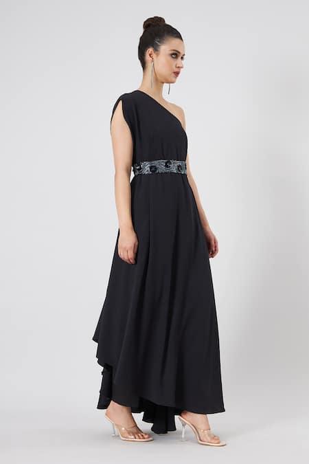 Shop_Aakaar_Black Muslin Beads, Crystals, Sequins One Shoulder Gown With Embellished Belt _Online_at_Aza_Fashions