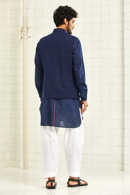 Shop Rajesh Pratap Singh Blue Handloom Cotton Textured Nehru Jacket at Aza Fashions Shop_Rajesh Pratap Singh_Blue Handloom Cotton Textured Nehru Jacket _at_Aza_Fashions