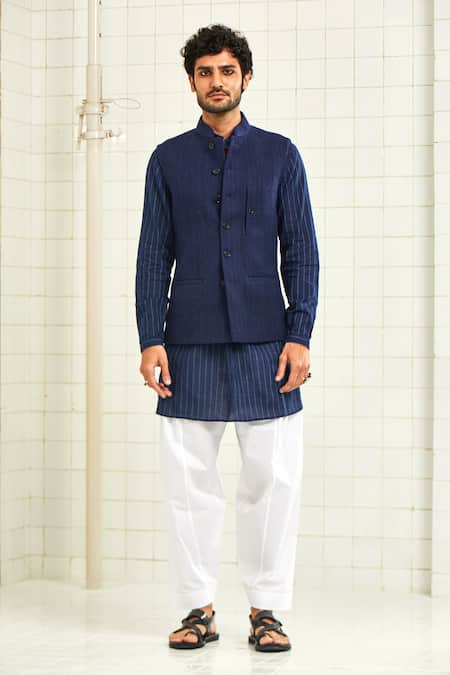 Rajesh Pratap Singh Blue Handloom Cotton Textured Nehru Jacket Online at Aza Fashions Rajesh Pratap Singh_Blue Handloom Cotton Textured Nehru Jacket _Online_at_Aza_Fashions