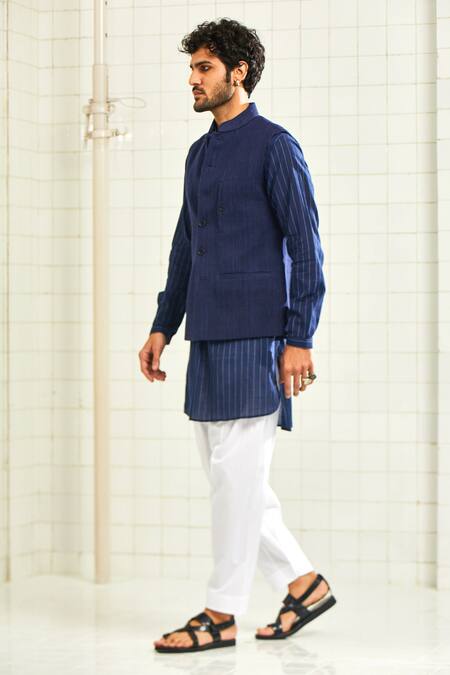 Buy Rajesh Pratap Singh Blue Handloom Cotton Textured Nehru Jacket Online at Aza Fashions Buy_Rajesh Pratap Singh_Blue Handloom Cotton Textured Nehru Jacket _Online_at_Aza_Fashions