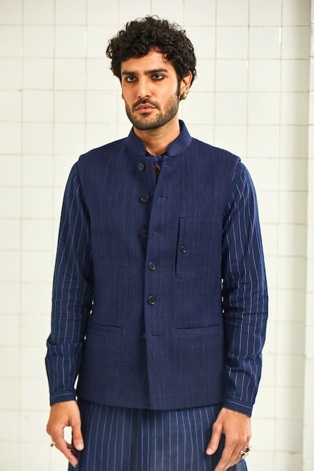 Shop Rajesh Pratap Singh Blue Handloom Cotton Textured Nehru Jacket Online at Aza Fashions Shop_Rajesh Pratap Singh_Blue Handloom Cotton Textured Nehru Jacket _Online_at_Aza_Fashions