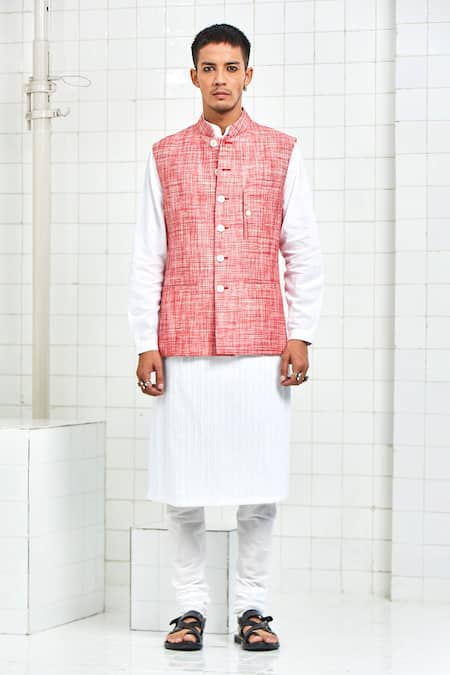 Shop Rajesh Pratap Singh Red Linen Nehru Jacket at Aza Fashions Shop_Rajesh Pratap Singh_Red Linen Nehru Jacket _at_Aza_Fashions