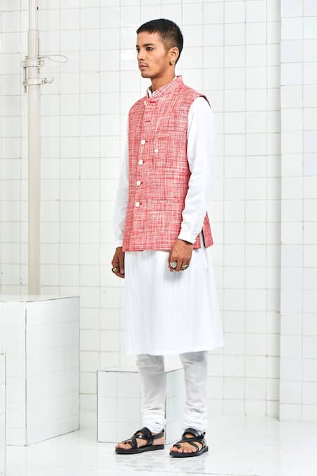 Rajesh Pratap Singh Red Linen Nehru Jacket Online at Aza Fashions Rajesh Pratap Singh_Red Linen Nehru Jacket _Online_at_Aza_Fashions