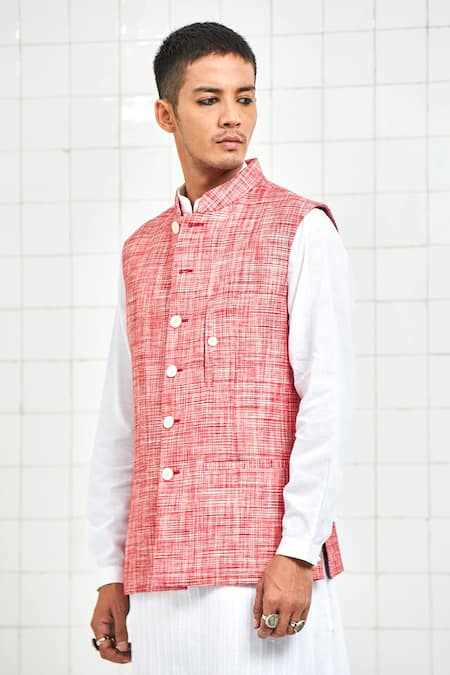 Buy Rajesh Pratap Singh Red Linen Nehru Jacket Online at Aza Fashions Buy_Rajesh Pratap Singh_Red Linen Nehru Jacket _Online_at_Aza_Fashions