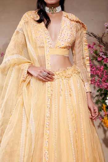 Buy_SHASHA GABA_Yellow Viscose, Organza, Chanderi Embroidery V-neck Grace Lehenga Set _Online_at_Aza_Fashions