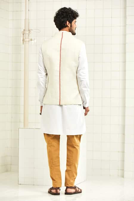 Shop Rajesh Pratap Singh White Handloom Linen Nehru Jacket at Aza Fashions Shop_Rajesh Pratap Singh_White Handloom Linen Nehru Jacket _at_Aza_Fashions