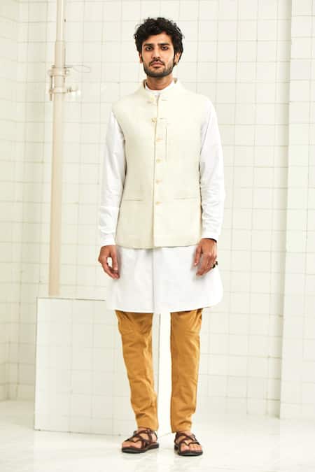 Rajesh Pratap Singh White Handloom Linen Nehru Jacket Online at Aza Fashions Rajesh Pratap Singh_White Handloom Linen Nehru Jacket _Online_at_Aza_Fashions