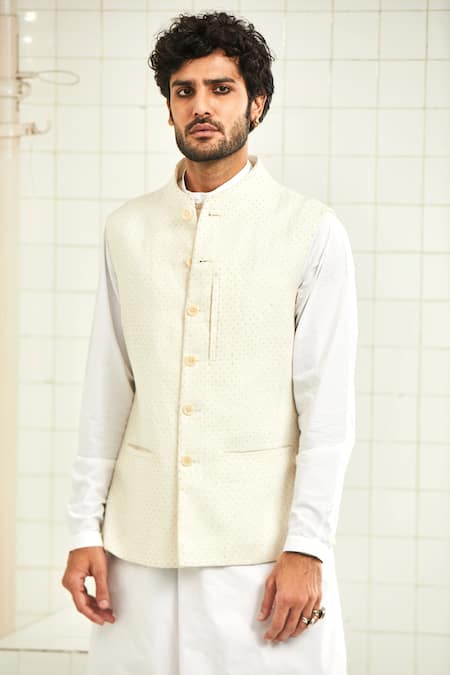 Shop Rajesh Pratap Singh White Handloom Linen Nehru Jacket Online at Aza Fashions Shop_Rajesh Pratap Singh_White Handloom Linen Nehru Jacket _Online_at_Aza_Fashions